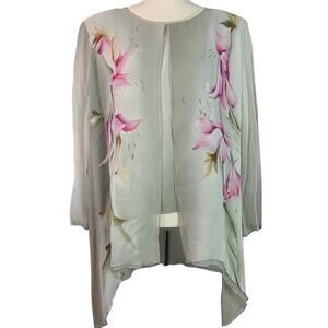 Yolanda Lorente Vintage  Gray Pink  Brown Elegant Hand Painted Silk Shirt Top XL